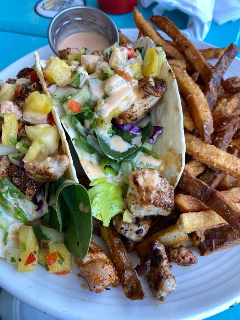 Fish tacos with fries at the Outer Banks, NC