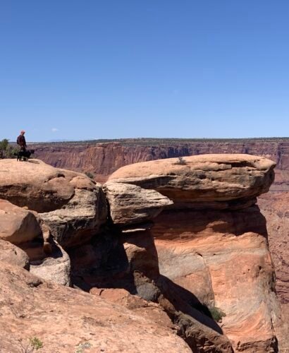 Man and dog overlook the canyon in Dead Horse Point State Park, Utah