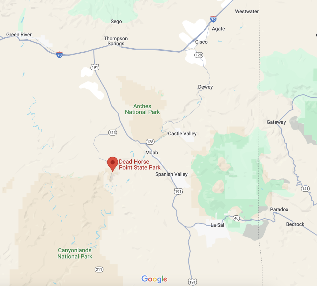 Zoomed out view of Dead Horse Point State Park near Moab, Utah (from Google)