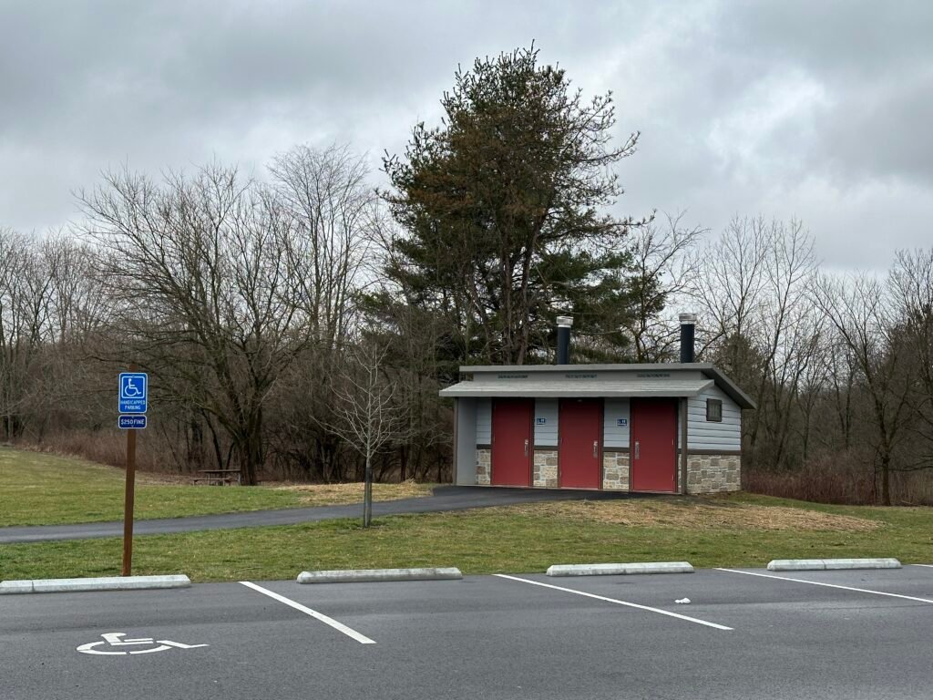 Parking lot and bathrooms near the Sweetgum Trail in Walnut Woods Metro Park