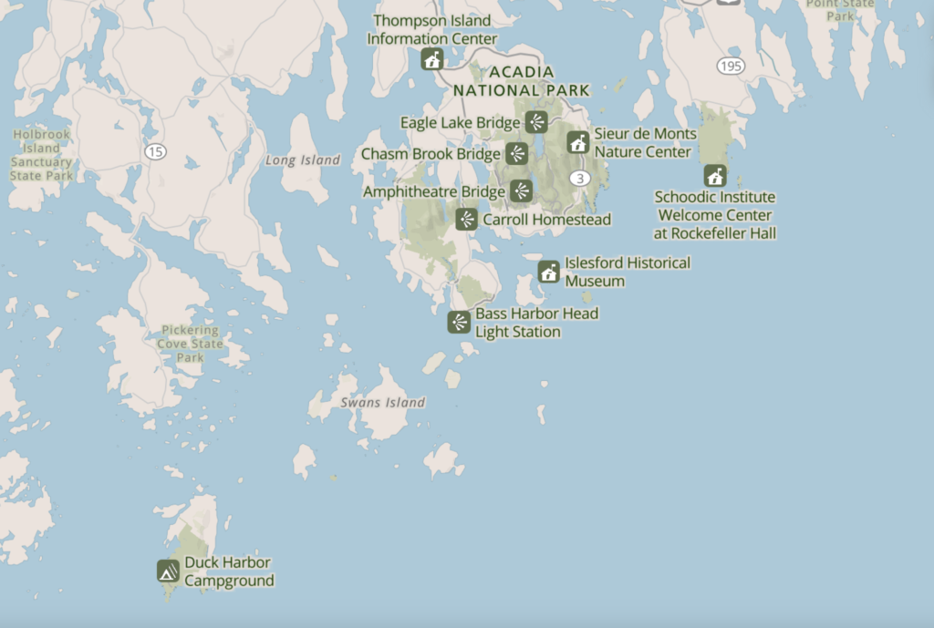 Screenshot of a map from Acadia National Park's National Park Service website showing the park perimeter